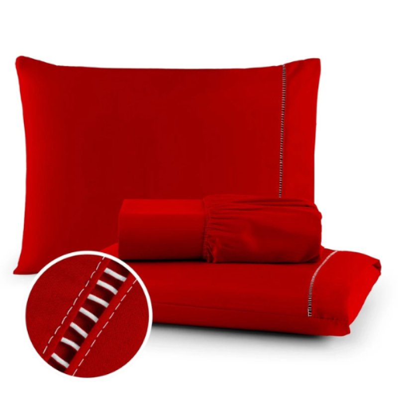 Jogo de LenÃ§ol 03 PeÃ§as 400 Fios Cama Casal Queen Micropercal Ponto Palito