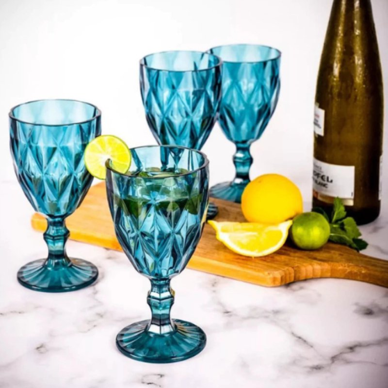 Jogo 6 TaÃ§a Diamante Copo Vidro Azul Bico De Jaca 330ml